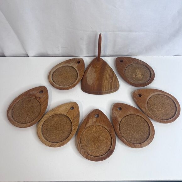 VTG Sere Wooden Cork Coaster Set of 7 w/ Holder MCM Stacked Teardrop Barware - Picture 4 of 16